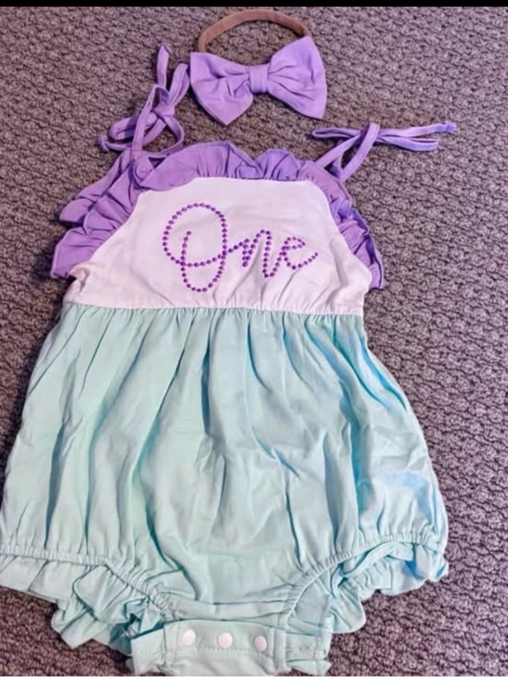 One-Piece Baby Romper with Purple and mint Design